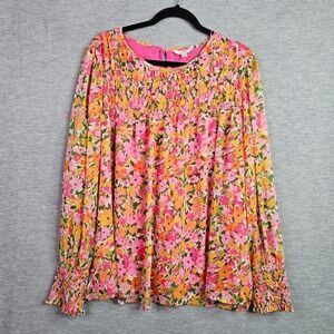 Terra Sky Plus Size 1X Floral Peasant Blouse Pink Orange Smocked Boho Top